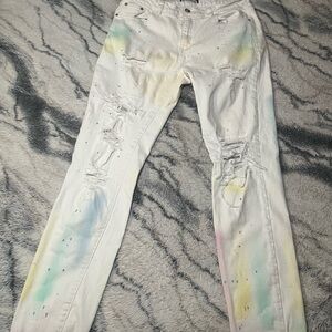 White Skinny Jeans with Pastel Paint-Splatter - Distressed Women's Jeans